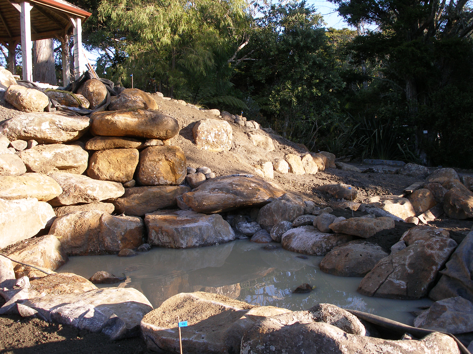 early stages of rocky waterfall design by hawthorn landscapes kerikeri