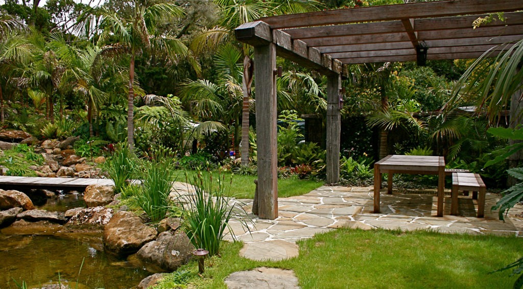 outdoor seating area and subtropical plants